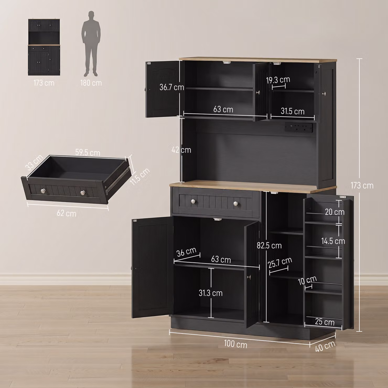 HOMCOM Black Tall Kitchen Cupboard with Charging Station and Adjustable Shelves, Height: 173 cm, Width: 100 cm, Depth: 47.5 cm – 3
