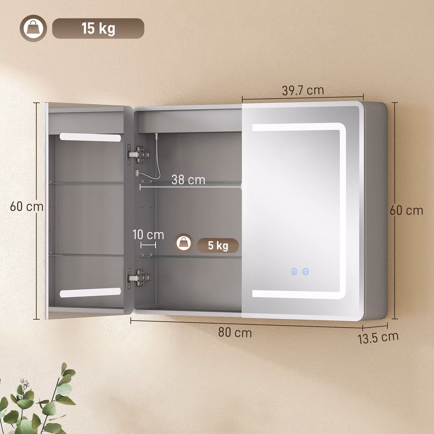 HOMCOM White Mirrored Bathroom Cabinet with LED Lighting and Anti-Fog Function, W: 60 cm, H: 80 cm, D: 17.5 cm – 2