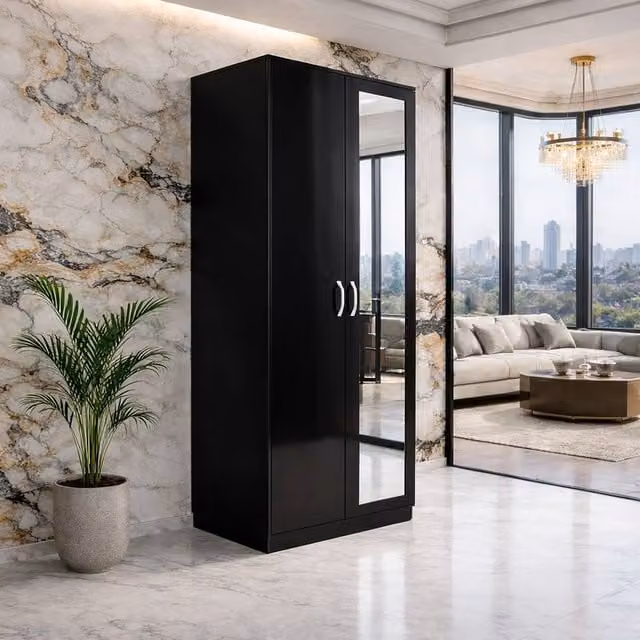 Harmin Modern Glossy 2 Door Mirrored Wardrobe with Soft Close Doors, Black, H 180 cm x W 76 cm x D 47 cm