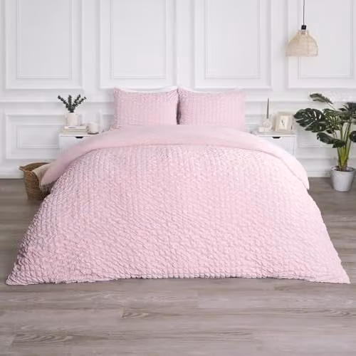 OHS Pink Seersucker Geometric Duvet Cover Set with Matching Pillowcases, King Size
