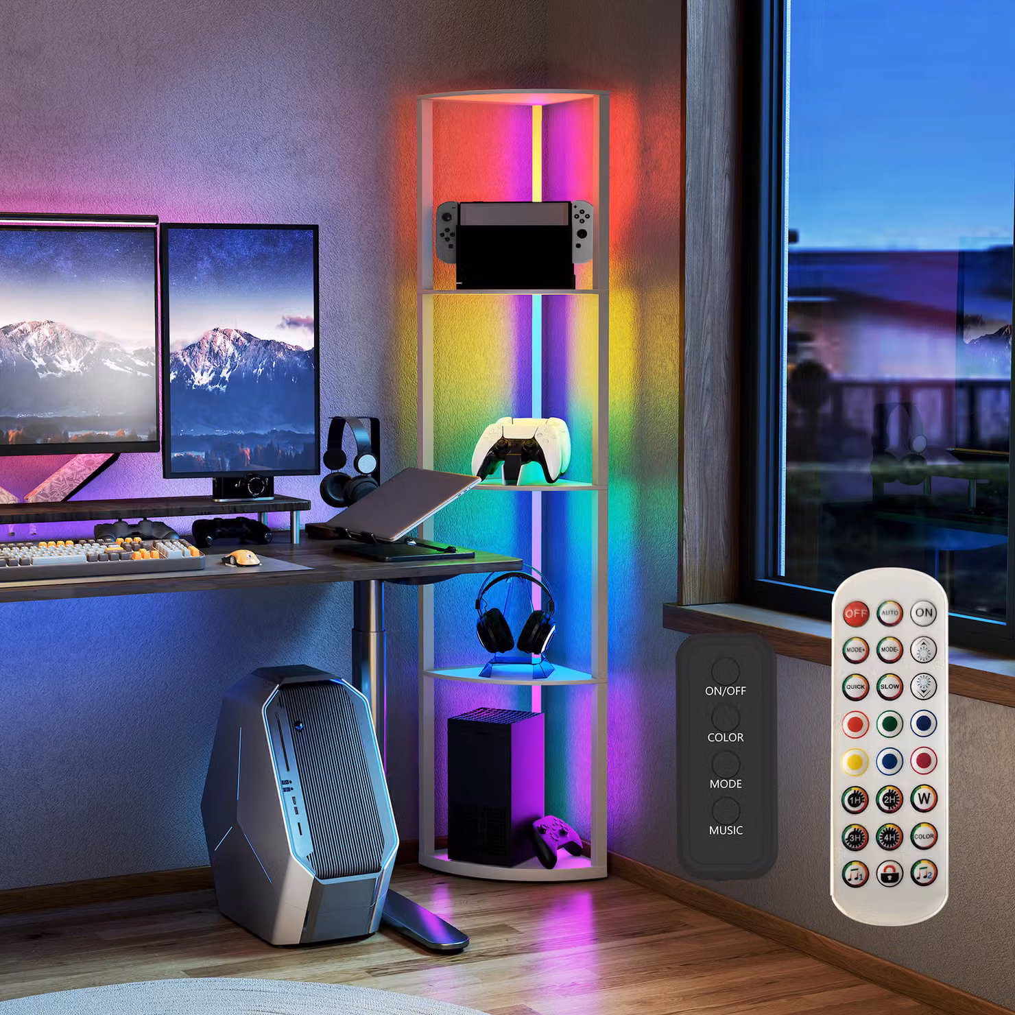 HOMCOM RGB LED Floor Lamp with 5-Tier Shelving, Dimmable Standing Lamp with Remote Control, Modern Grey Corner Display Unit – 5