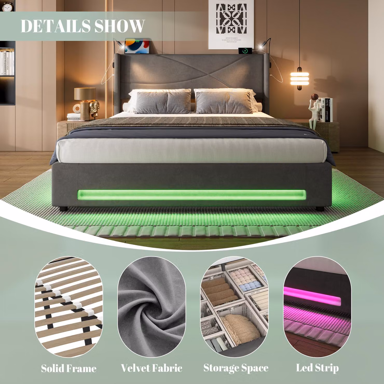 Aosom UK Modern Platform Bed with Hydraulic Lift System, Dark Grey Velvet Upholstered Bed Frame with Integrated Reading Lamps and USB Ports, W/D/H: 157 x 209 x 106 cm – 3