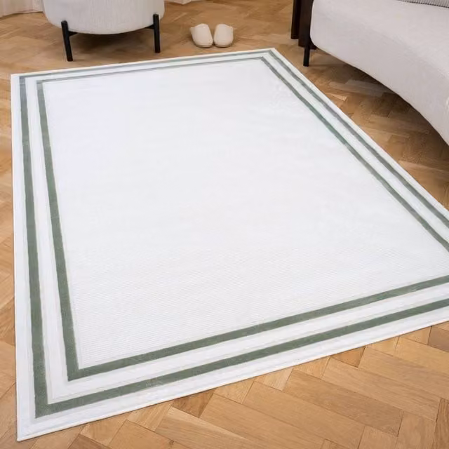 THE RUGS Carmel Bordered Area Rug in Green and White, W: 200 cm, D: 290 cm