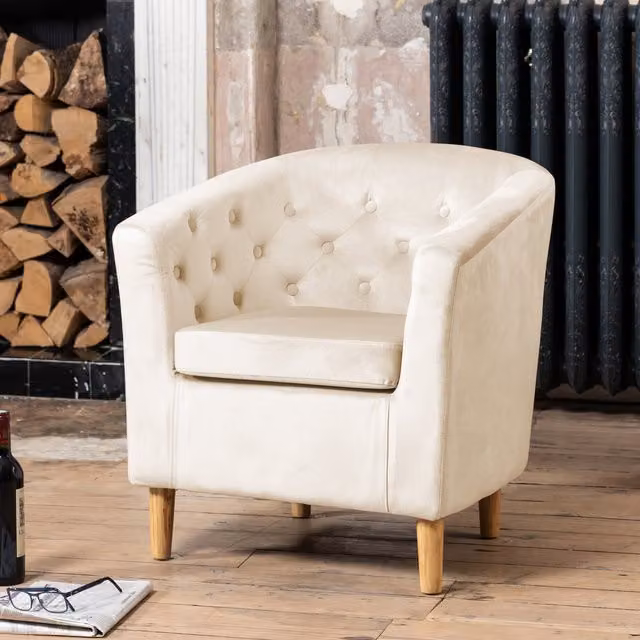 Artemis Home Clio Cream Velvet Tub Accent Chair with Armrests and Solid Wood Frame