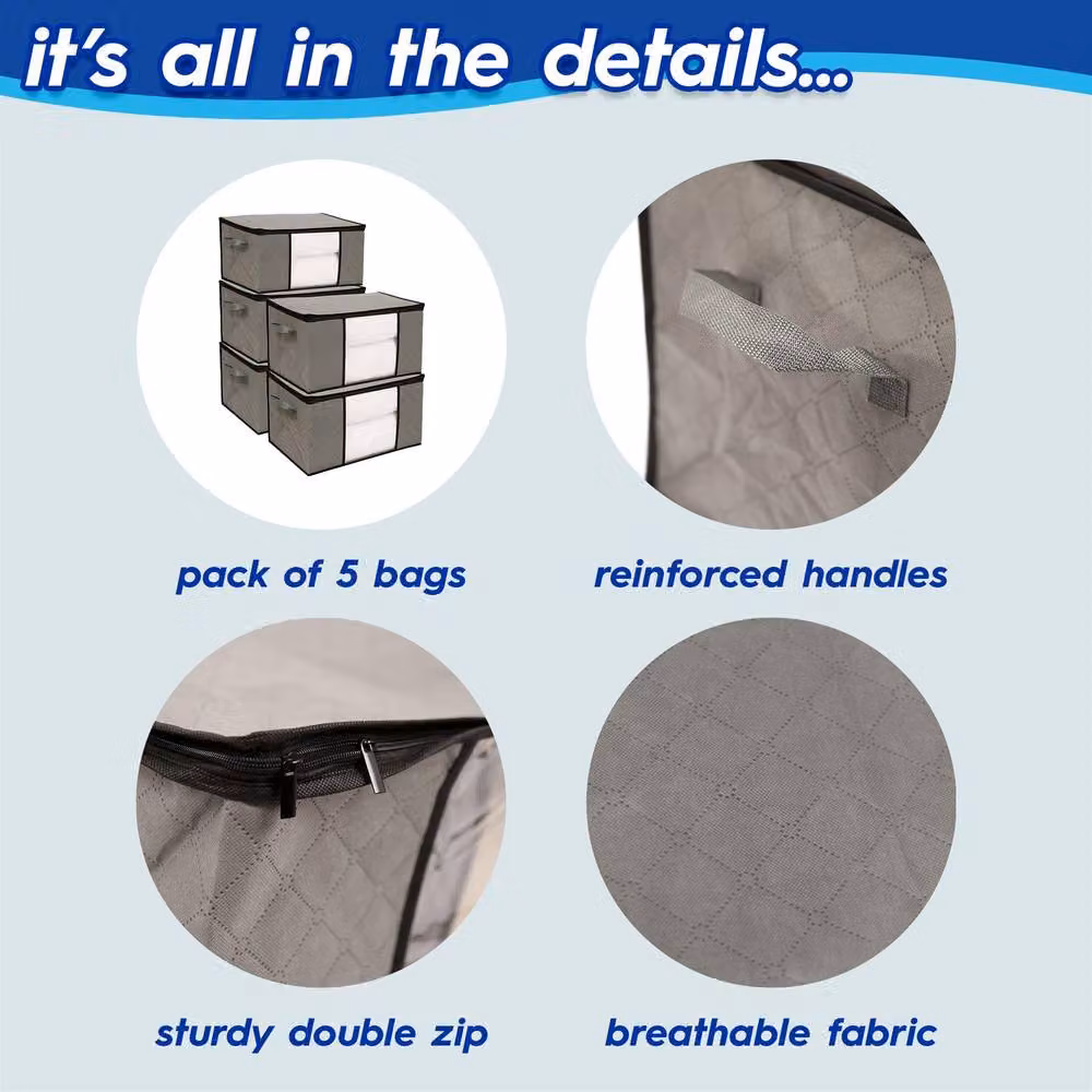Harbour Housewares Clothes Storage Bags with Lid and Handles, 95 Litre, Grey and Transparent, Pack of 5 – 6