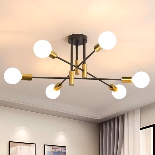 COMELY Sputnik Mid-Century 6-Light Chandelier in Black and Gold/Brass with E27 Globe Bulbs – 1