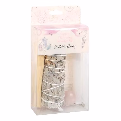 KDMD Smudge Kit with Rose Quartz Crystal and Herbs in Pink and White – 1