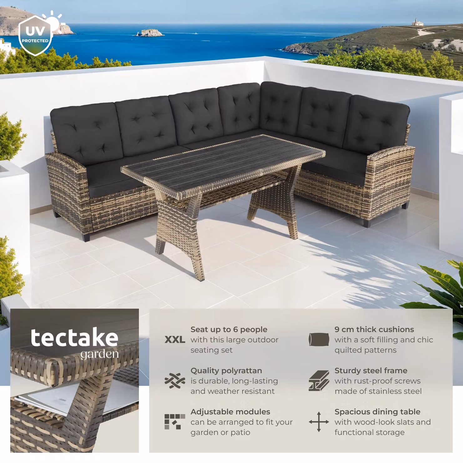 tectake Catania L-Shape Garden Furniture Set in Natural Polyrattan with Grey and Sand Upholstered Cushions and Coffee Table – 2