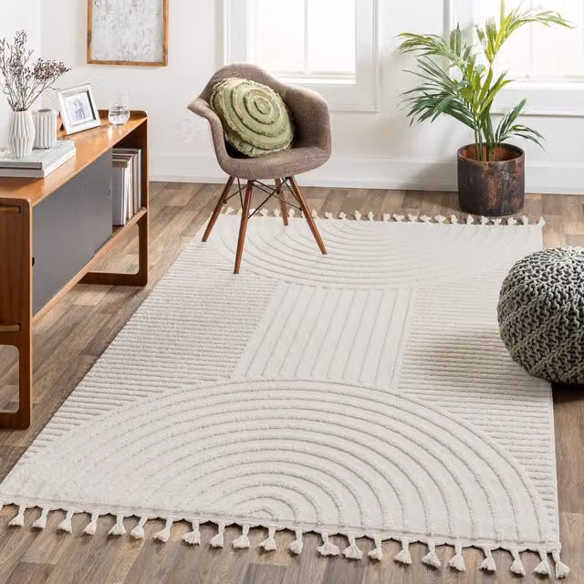 Livabliss Nora Geometric High Pile Fringe Rug in Grey and White, W: 160 cm, D: 215 cm