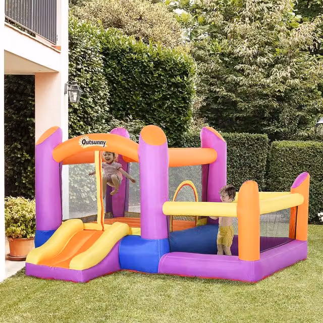 Outsunny Kids 3-in-1 Castle Inflatable Slide Pool in Purple