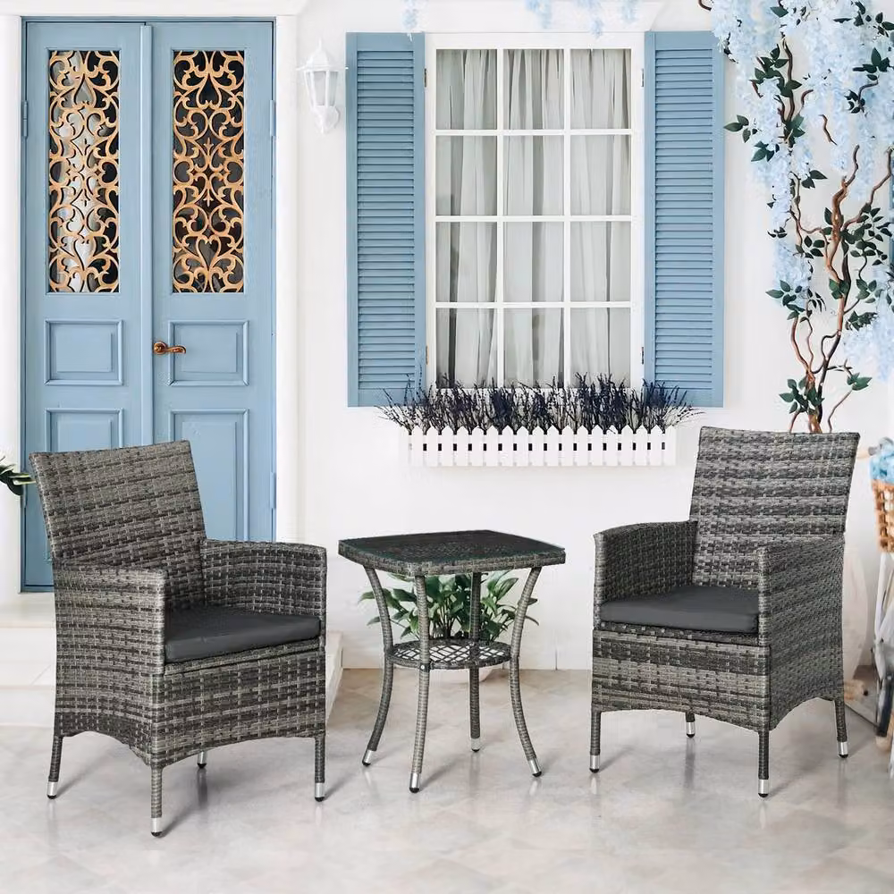 ERGOVEXA 3 Piece Rattan Bistro Set with Washable Cushions in Mixed-grey – 3
