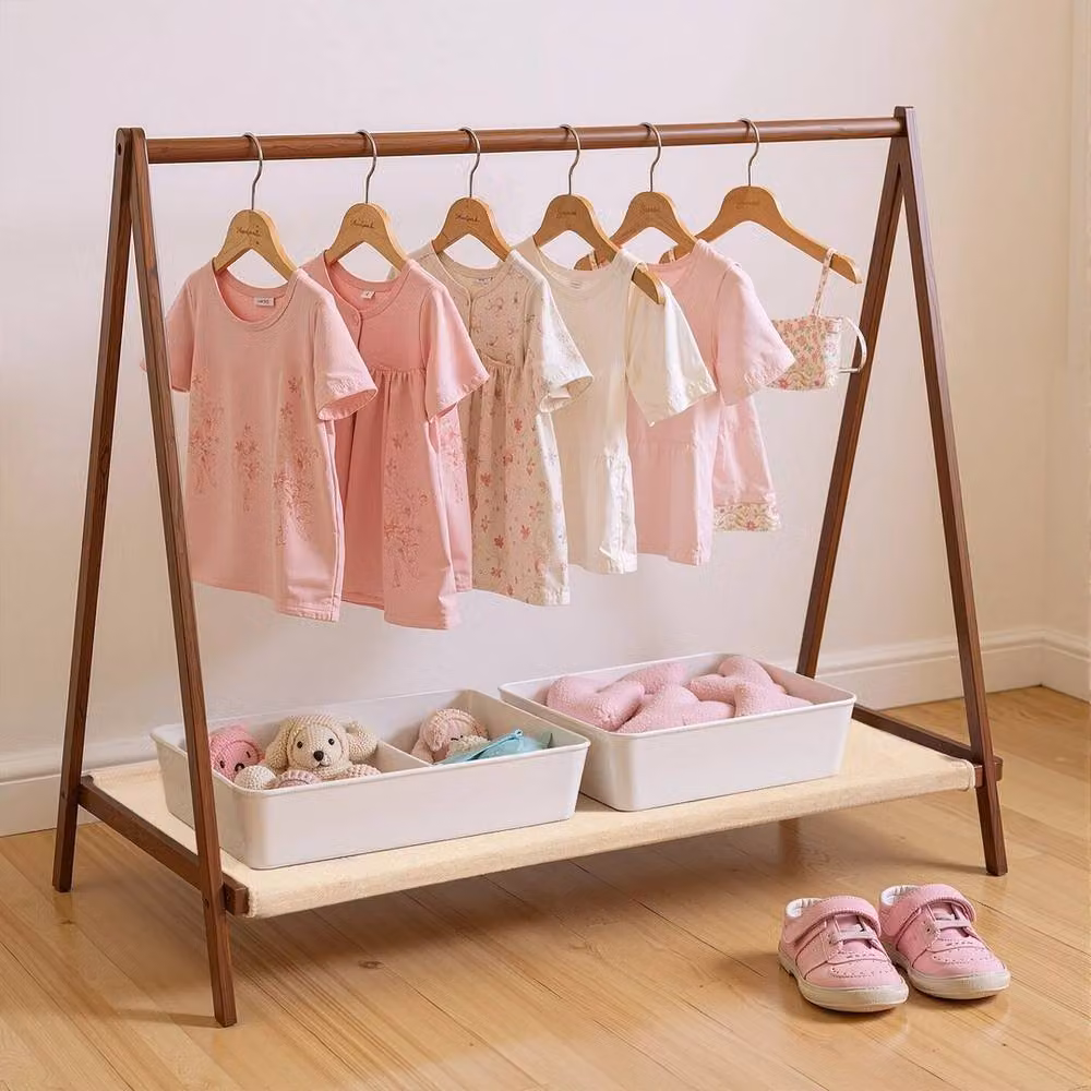 KORVIXA Childrens Clothes Rail Hanging Wardrobe Storage, Brown, W: 90 cm, H: 76 cm, D: 42.1 cm – 2