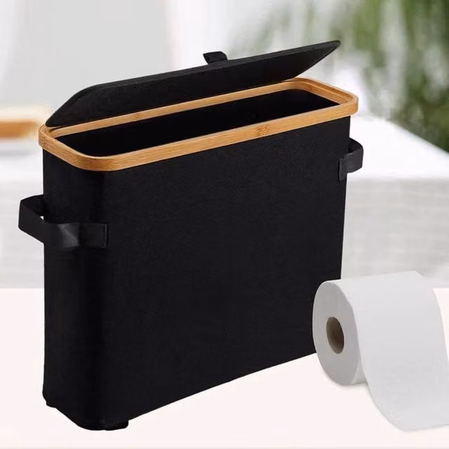 KORVIXA Black Bamboo Freestanding Toilet Roll Storage Box with Slatted Design