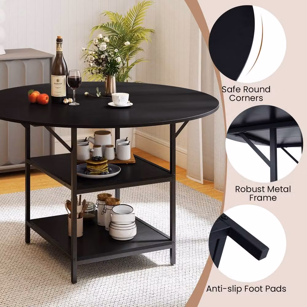 Costway Modern Round Dining Table with 2 Storage Shelves in Black, Diameter: 120 cm – 5