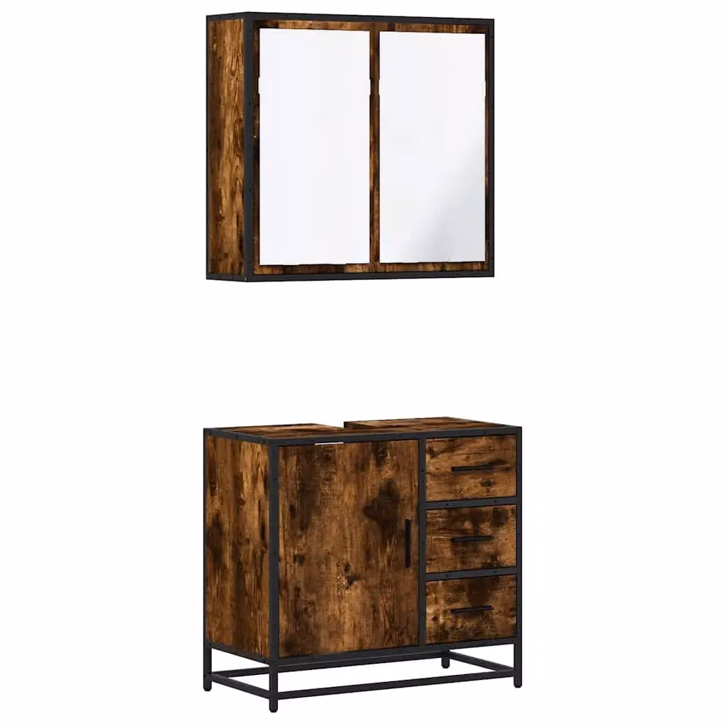 Berkfield Home 2 Piece Industrial Bathroom Furniture Set with Vanity Unit and Mirror Cabinet in Smoked Oak Brown – 2