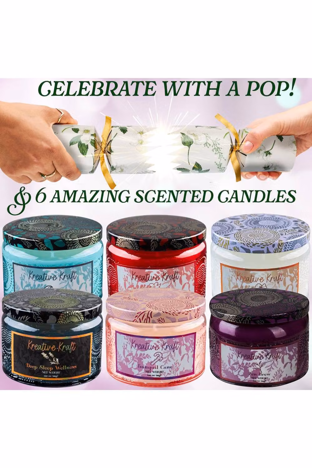 KreativeKraft Luxury Christmas Crackers Pack of 6 with Scented Soy Wax Jar Candles in Gold and Multicolour – 6