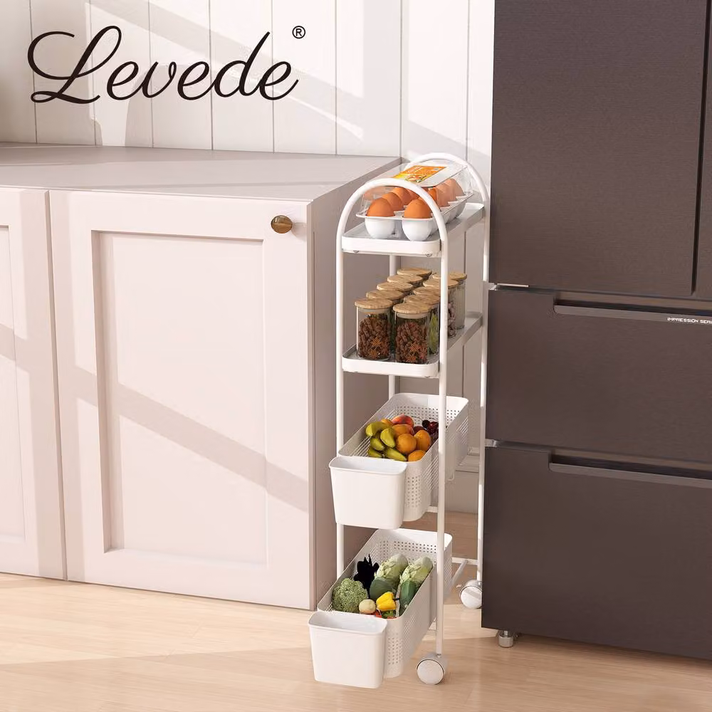 Levede 4 Tier Kitchen Trolley Cart with Pull Out Storage Bins in White – 5