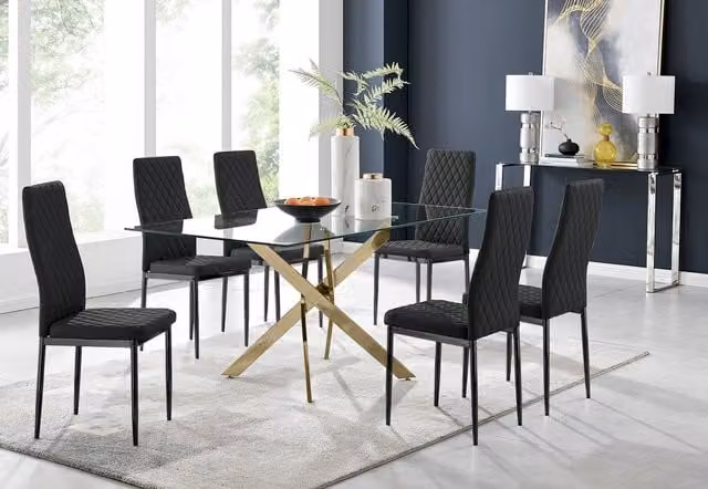 FurnitureboxUK Leonardo Rectangular Glass Dining Table and 6 Milan Black Leg Chairs in Black, Gold and Transparent