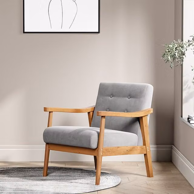 Livingandhome Modern Grey Velvet Upholstered Armchair with Solid Rubberwood Frame