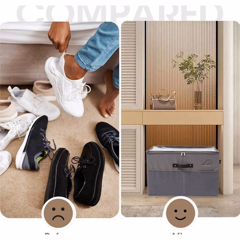 Kelvenix Set of 2 Durable Grey and Transparent Fabric Shoe Storage Boxes with Label Holders – 3