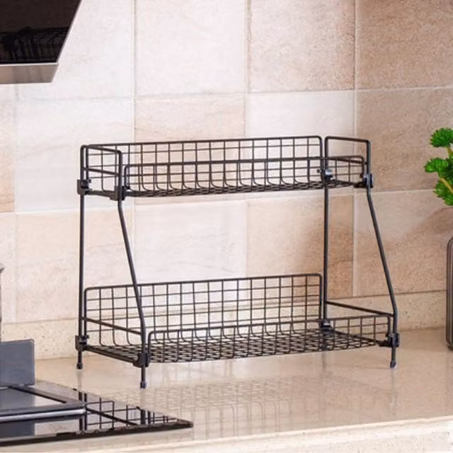 KORVIXA 2 Tier Metal Wire Tabletop Shelf in Black, W/D/H: 41.5 x 16 x 30 cm – 1