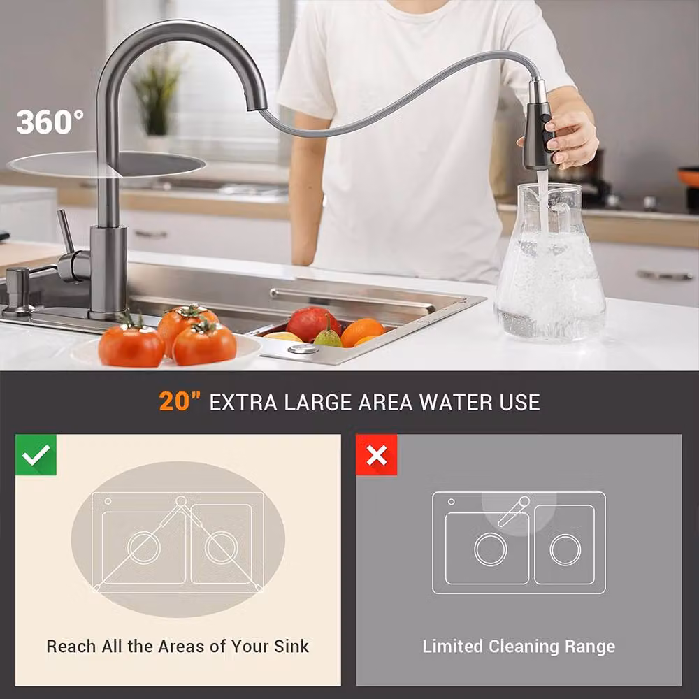 VOGREX Black Single Lever Kitchen Mixer Tap with 360 Degree Swivel and Pull-Out Spray Spout – 1