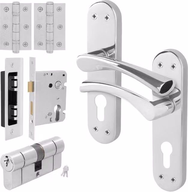AFIT Novi Chrome Euro Cylinder Door Handle Lock and Hinges Complete Set in Metallic Silver, Size: 150 x 150 mm