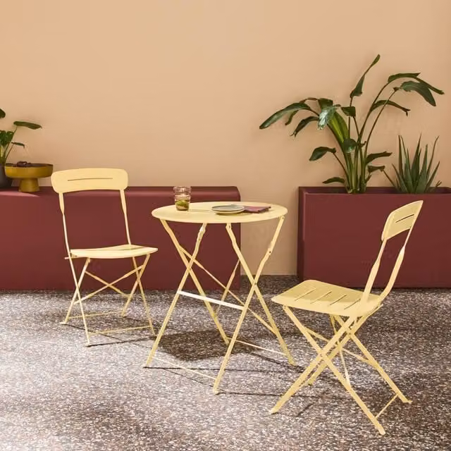 Sweekeek Round Bistro Garden Table and 2 Folding Steel Chairs Set, Yellow