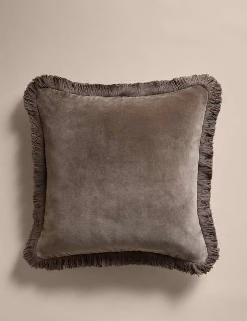 M&S Pure Cotton Velvet Fringed Square Cushion in Khaki Green
