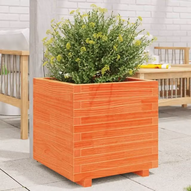 Berkfield Home Garden Planter Tub in Brown Solid Wood, W/D/H: 50 x 50 x 49.5 cm