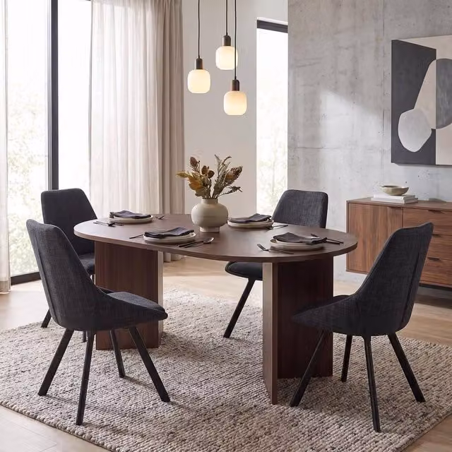 FWStyle 5 Piece Modern Dining Set with Walnut Table and 4 Black Swivel Chairs in Brown, W: 180 cm, D: 90 cm, H: 75 cm – 1