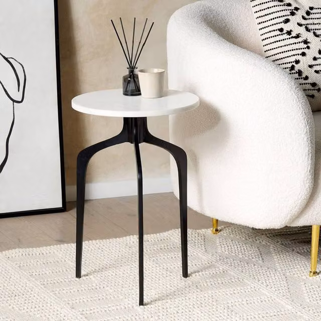 Wyld and Coco Round Side Table with White Marble Top and Black Metal Legs, Diameter: 36 cm, Height: 36 cm