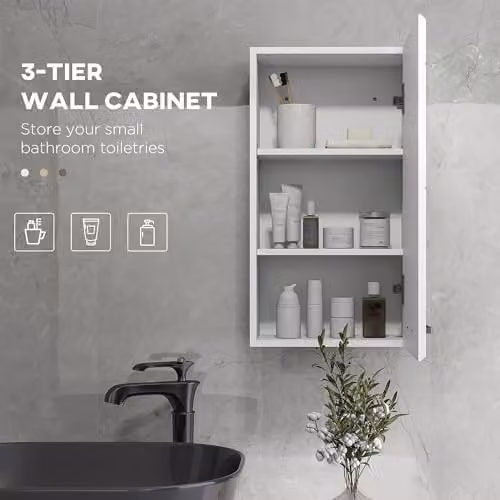 Kleankin Modern White High Gloss Wall Mounted Bathroom Cabinet with Soft-Close Hinged Doors, W/D/H: 37 x 22.5 x 70 cm – 3