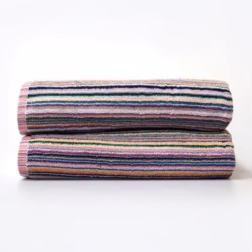 Odyssey 100% Recycled Cotton Bath Sheet Set in Multi Coloured Remnant Yarn Stripe, 2 x Large Towels, W: 90 cm, L: 150 cm, 400GSM – 1