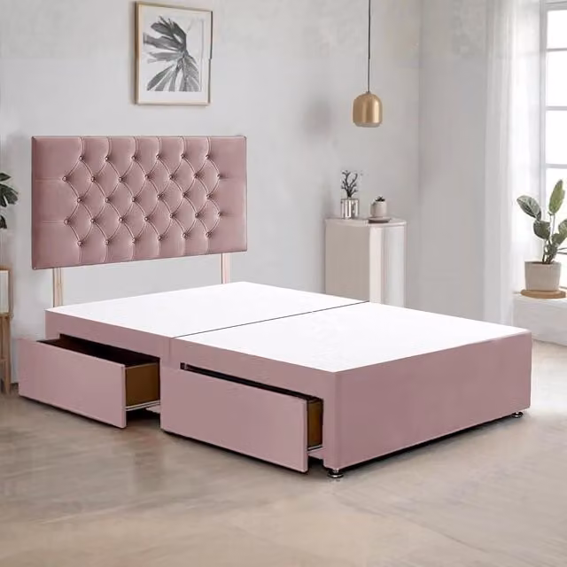 Bed Time UK Plush Velvet Super King Divan Bed Frame with 2 Drawers and 20 inch Chesterfield Headboard in Pink, W/D/H: 200 x 200 cm