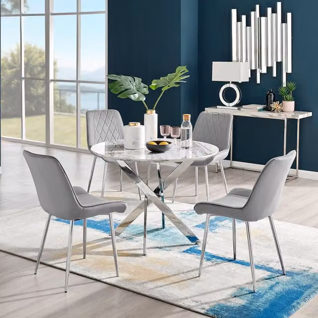 FurnitureboxUK Novara White Marble Effect Round Dining Table and 4 Pesaro Silver Chairs in Grey