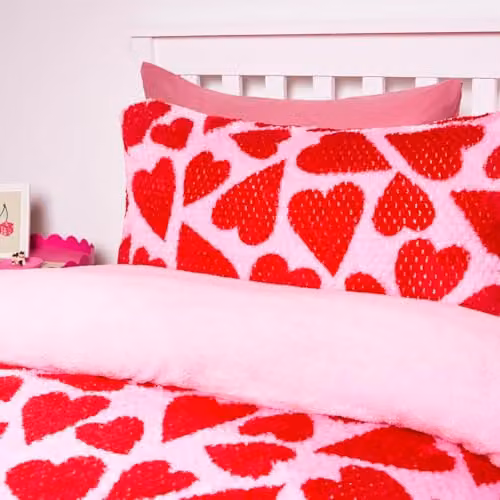 OHS Reversible Waffle Sherpa Fleece Duvet Cover and Pillowcase Set with Heart Print in Pink and Red, W/D/H: 135 x 200 cm – 2