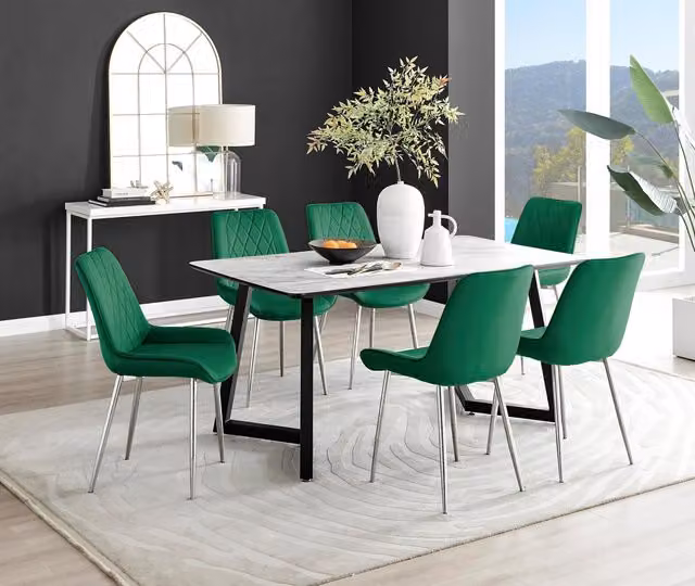 FurnitureboxUK Carson White Marble Effect Dining Table and 6 Pesaro Silver Chairs in Green