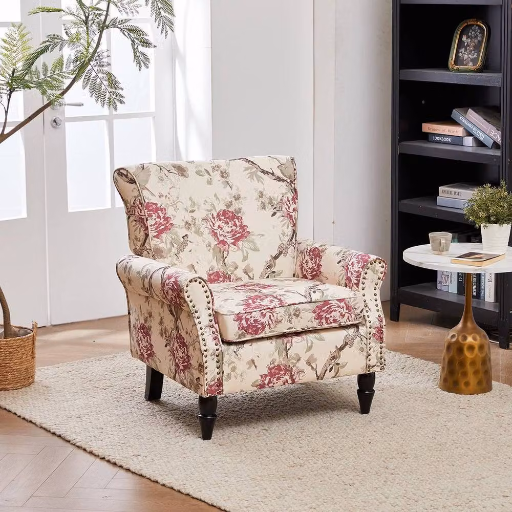 FORGEVIO Beige Velvet Upholstered Wingback Armchair with Armrests and Wood Frame – 4