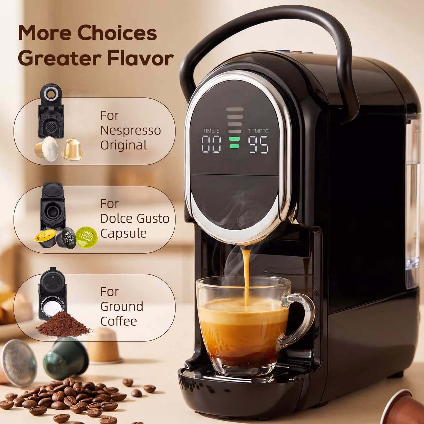 HOMCOM Black Semi Automatic Pod Coffee Machine for Nespresso, Dolce Gusto Capsules and Ground Coffee with 19 Bar Pressure and 0.6 l Removable Tank – 4