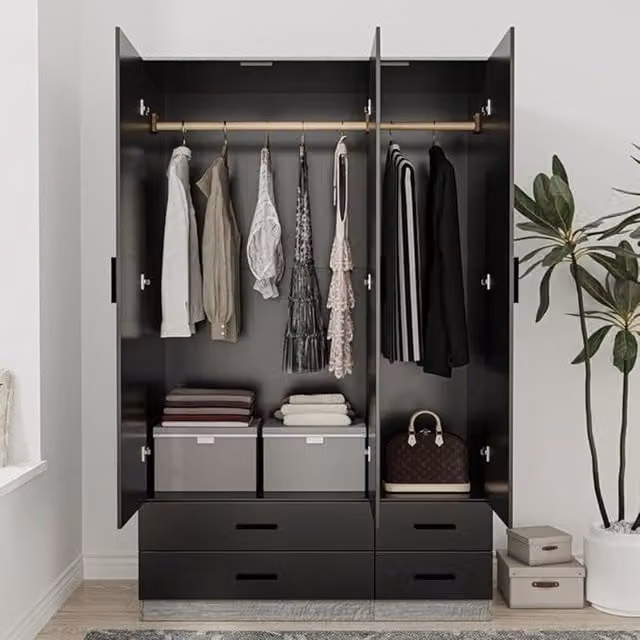 URBNLIVING 3 Door Wardrobe with 4 Drawers in Black, H 180 x W 108 x D 46 cm