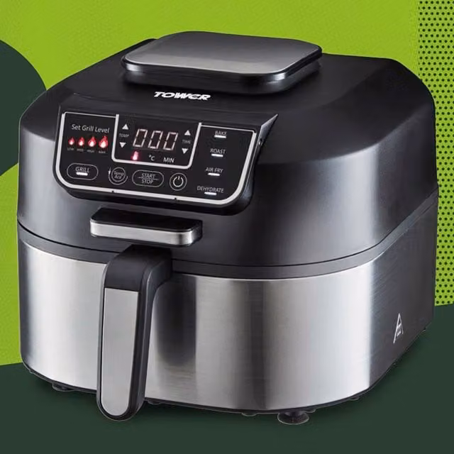 Tower 5-in-1 Smokeless Hot Air Grill, 5.6L, Black and Stainless Steel