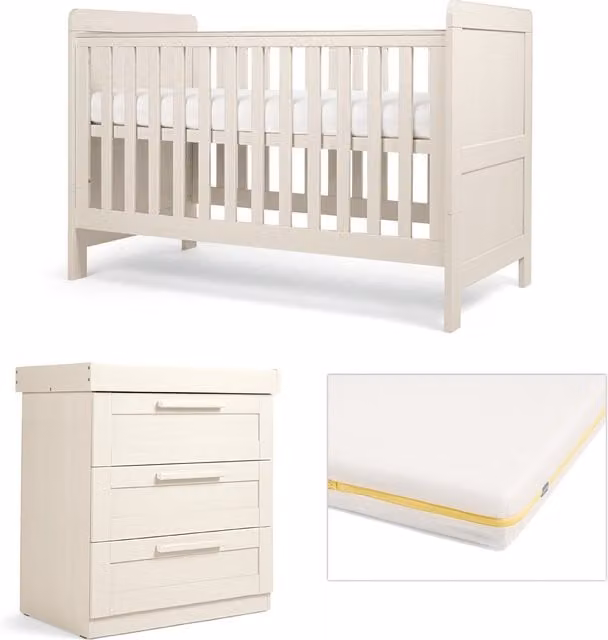 Mamas & Papas Atlas Nursery Furniture Set and Essential Airflow Pocket Spring Cotbed Mattress Bundle in Sand/Beige, W/D/H: 140 x 70 cm