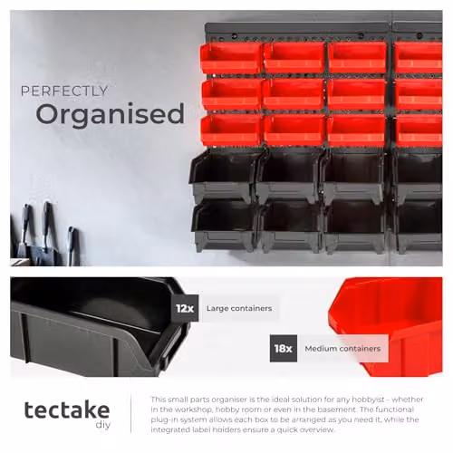 tectake 31 Piece Wall-Mounted Storage Organiser with Pegboard and 30 Stackable Plastic Bins in Black and Red – 5