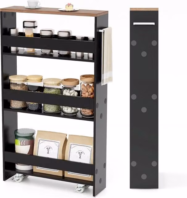 Costway 3-tier Slim Rolling Kitchen Serving Cart with Open Shelves in Black and Multicolour