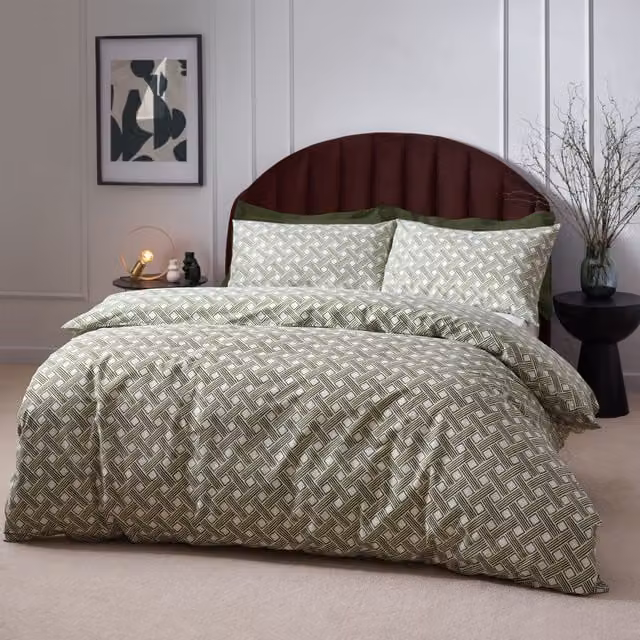 Make it a Home Watercolour Basketweave Reversible Cotton Duvet Cover Set, Green, W: 180 cm, H: 200 cm