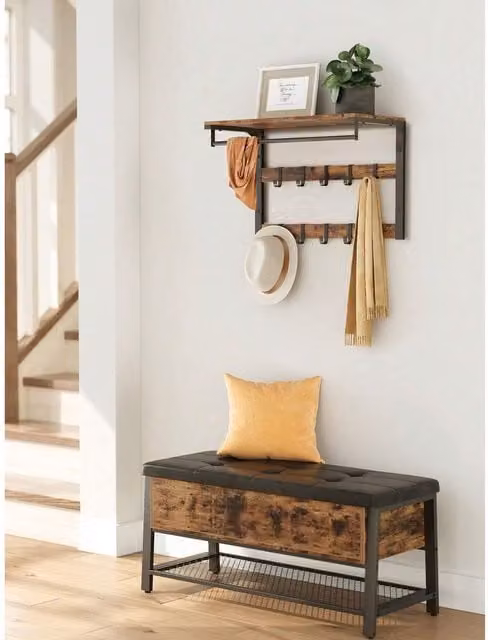 VASAGLE Industrial Wall-Mounted Coat Rack with Shelf and 10 Hooks in Bronze, Brown and Black – 1