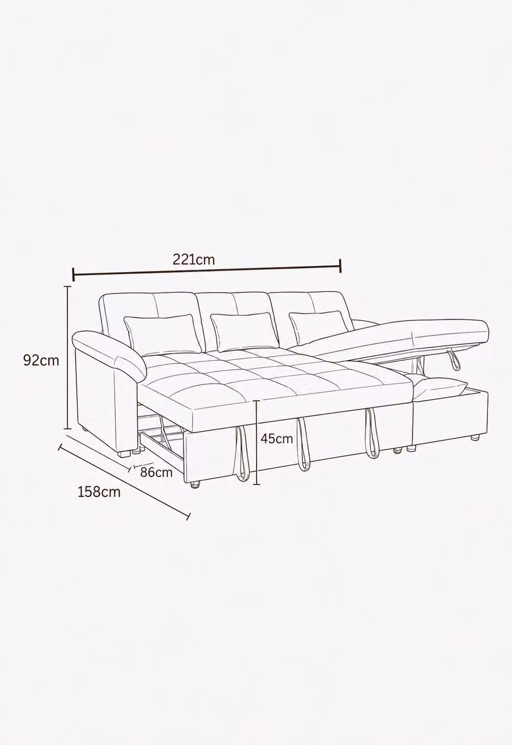 Sofaya Arlo 3 Seater L-Shape Corner Chaise Sofa Bed in Black Fabric with Reversible Sleeping Function – 6