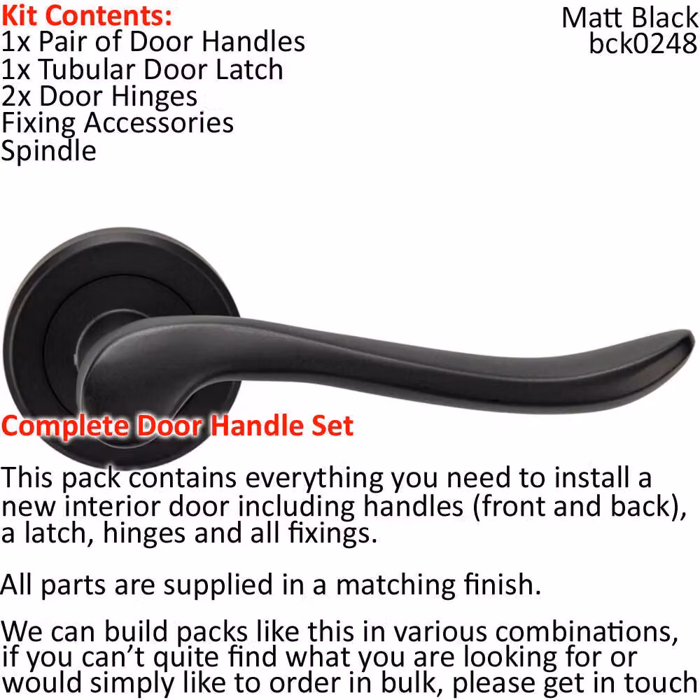 Loops Matt Black Scroll Shaped Lever Door Handle and Latch Pack with Screwless Round Rose – 2