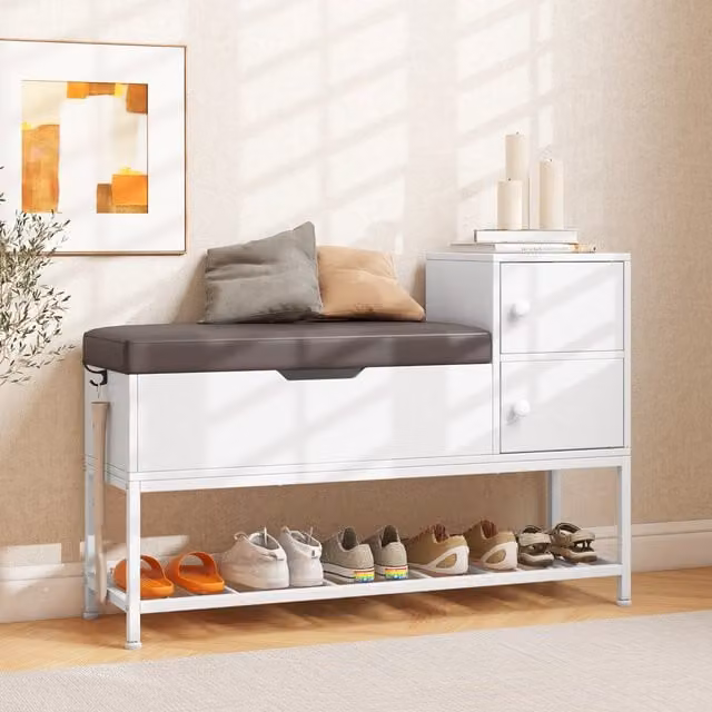COSTWAY Modern White Entryway Shoe Bench with Synthetic Leather Seat and Shoe Rack